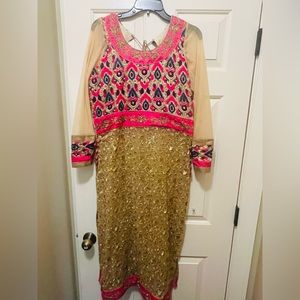 Hot Pink/Golden Net Pakistani/Indian Formal Suit